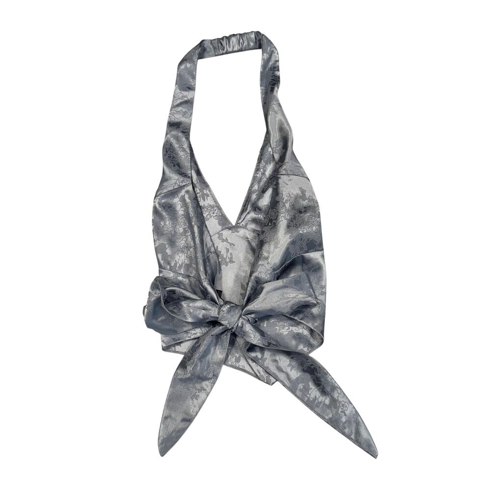 Windsor Satin Jacquard Halter Top Gray Silver Women's Large Tie Y2K Party Baddie - Picture 2 of 16